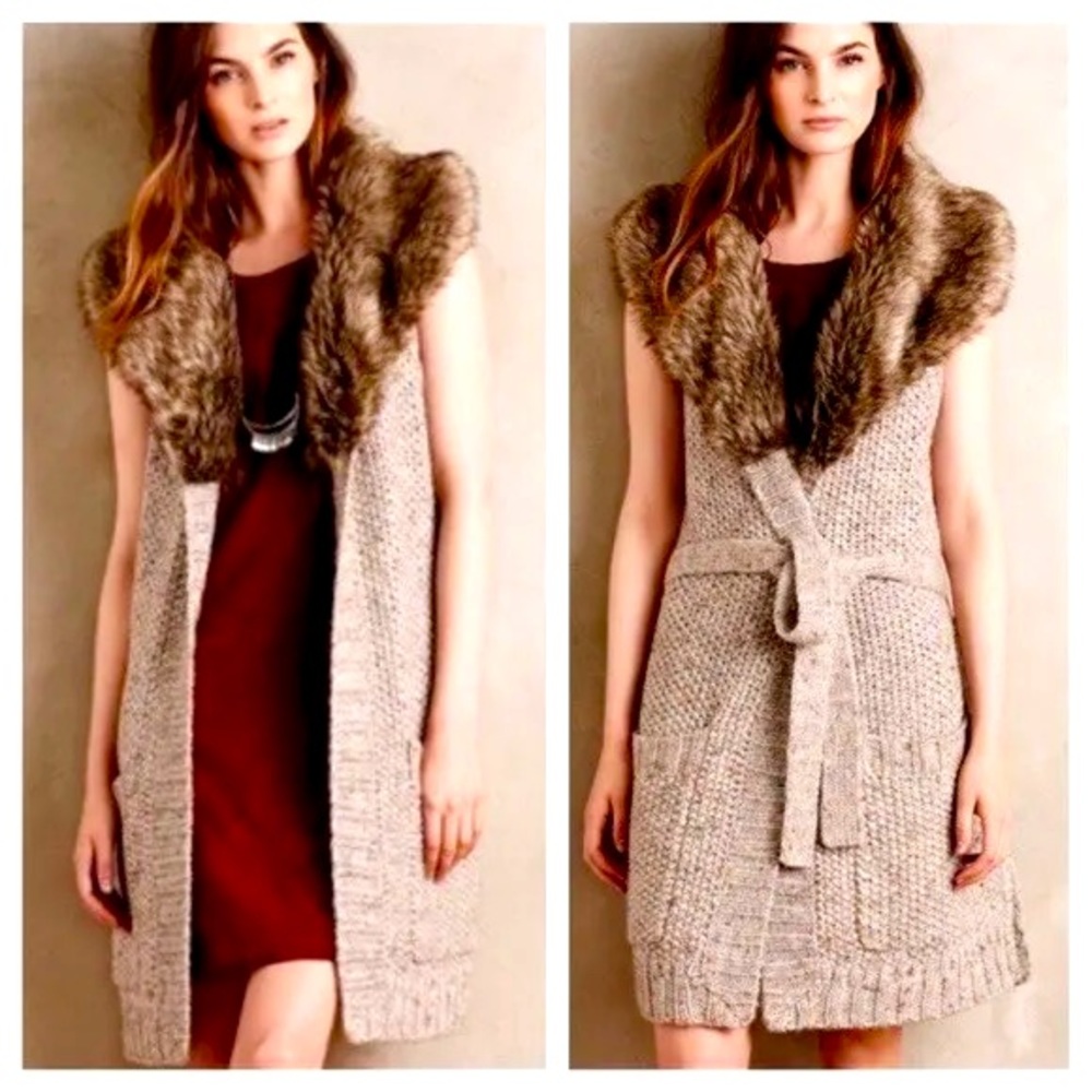 ANTHROPOLOGIE ANGEL OF NORTH FUR COLLAR VEST JACKET LARGE